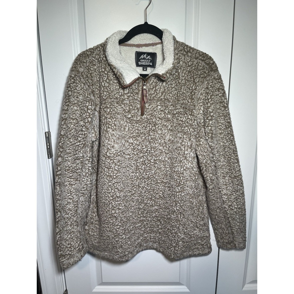 Grizzly‎ Sherpa 1/4 Zip Brown Pullover Sweater Size Medium Sherpa Fleece
